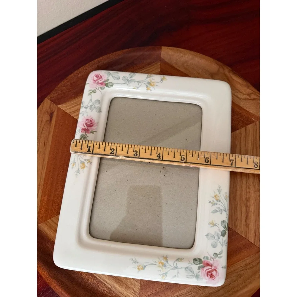 Floral Ceramic Picture Frame Pink Roses Yellow Wildflowers White Porcelain Style